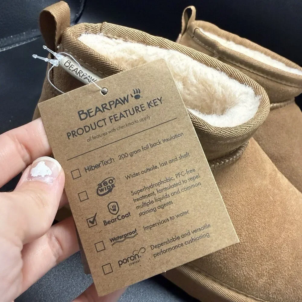 New Bearpaw Boots Women's 8 Brown Fleece Wool Bl Lined Bearcoat Low Top Slip On